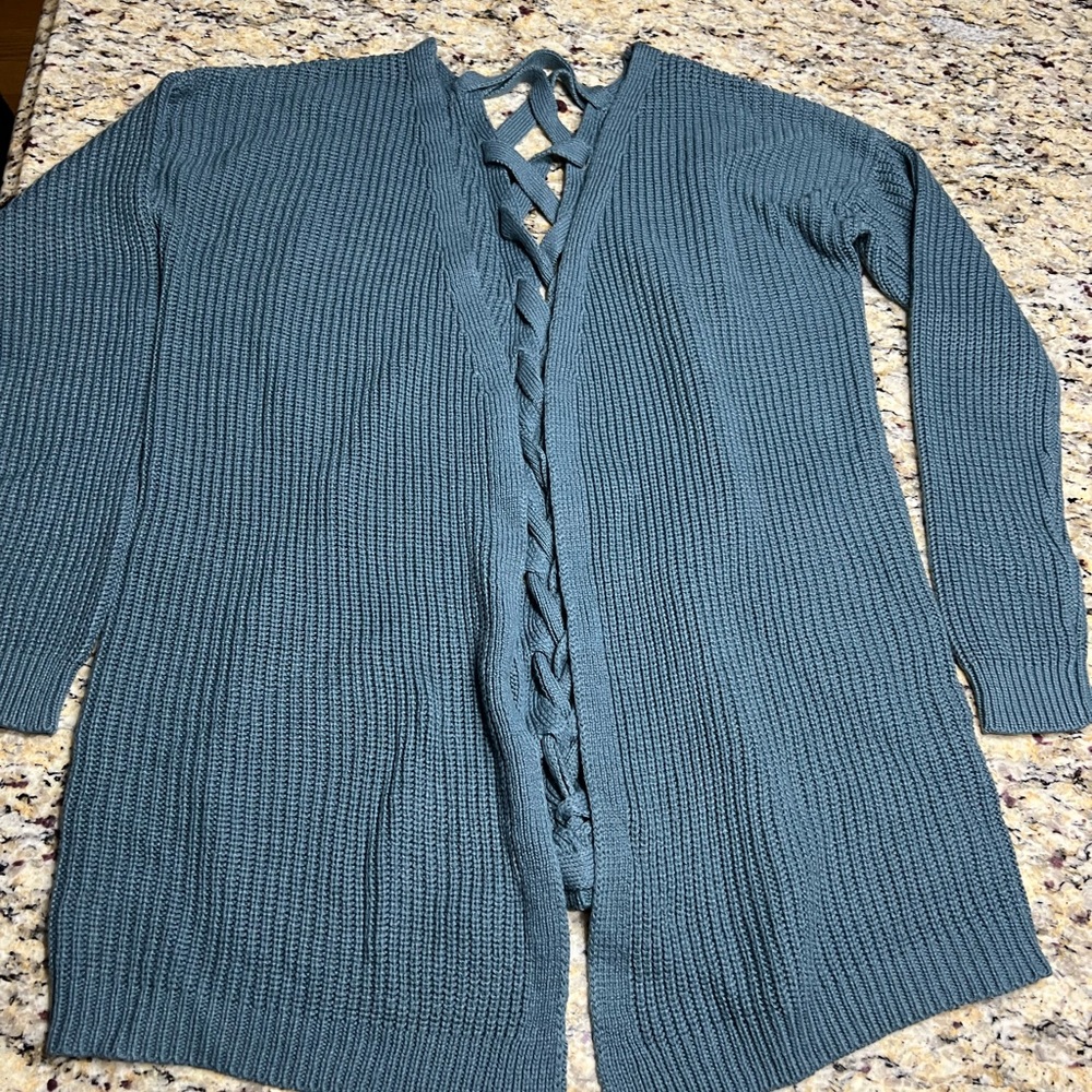 Pink Rose Teal Cardigan with Lace-Up Detail
